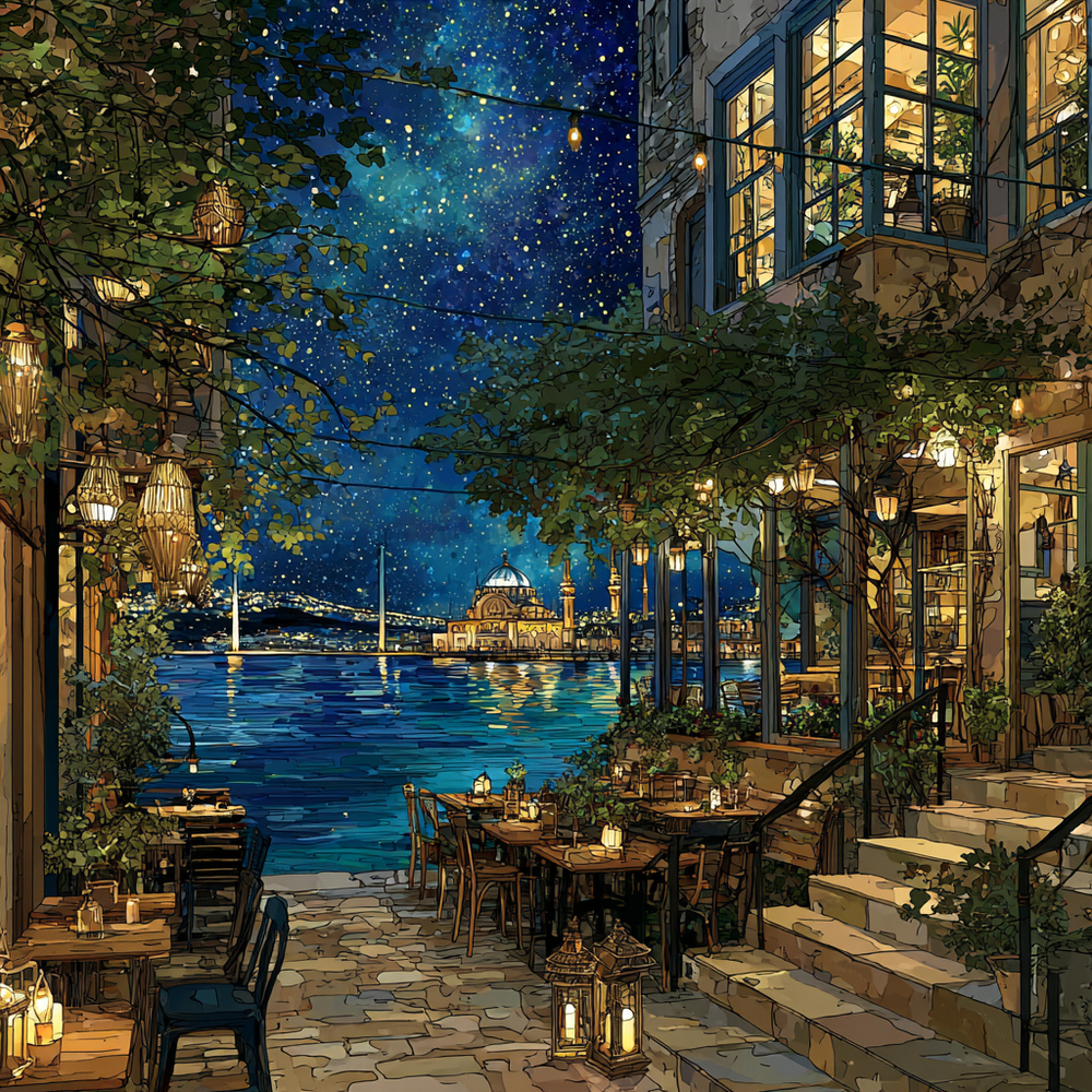 夜の海辺のカフェ