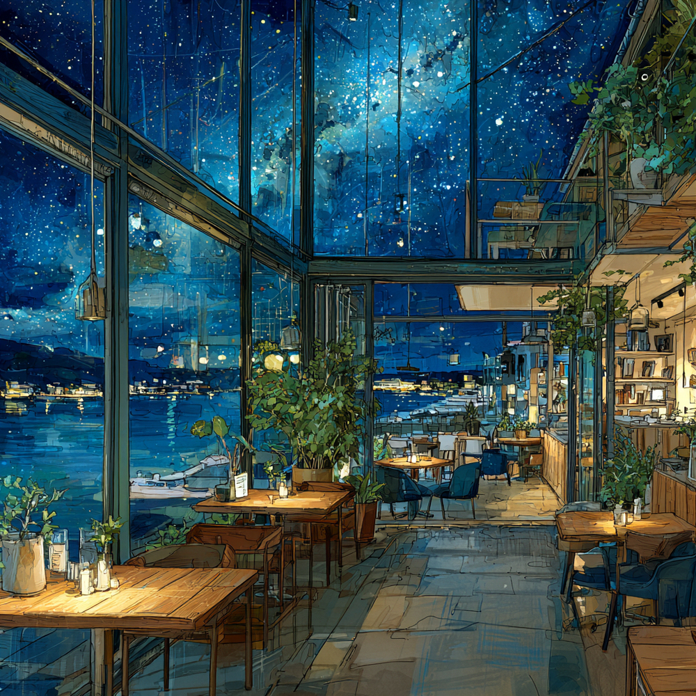 夜の海辺のカフェ