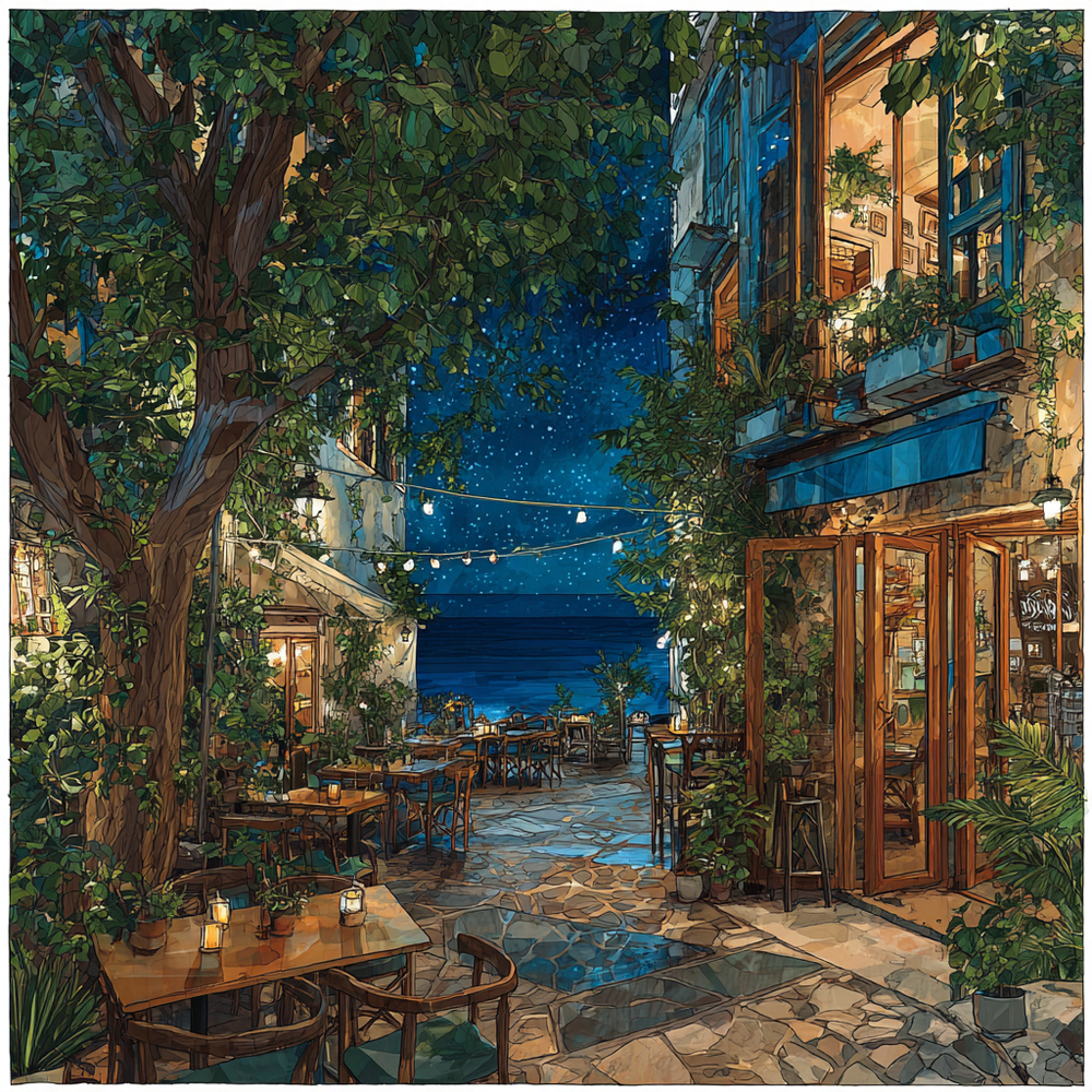 夜の海辺のカフェ