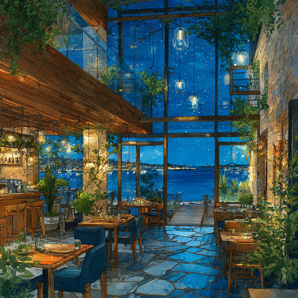 夜の海辺のカフェ