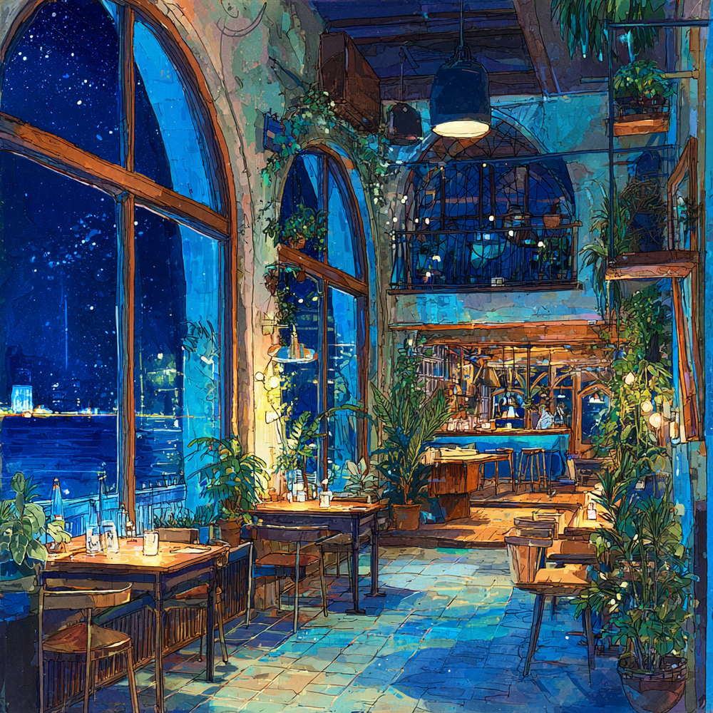 夜の海辺のカフェ