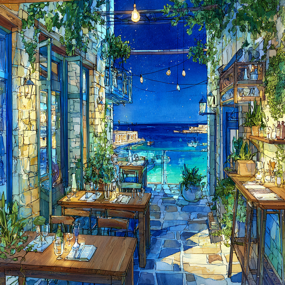 夜の海辺のカフェ