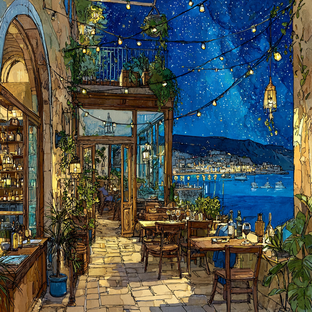 夜の海辺のカフェ