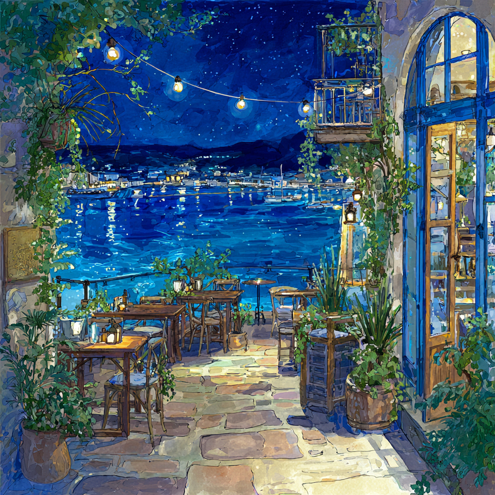 夜の海辺のカフェ