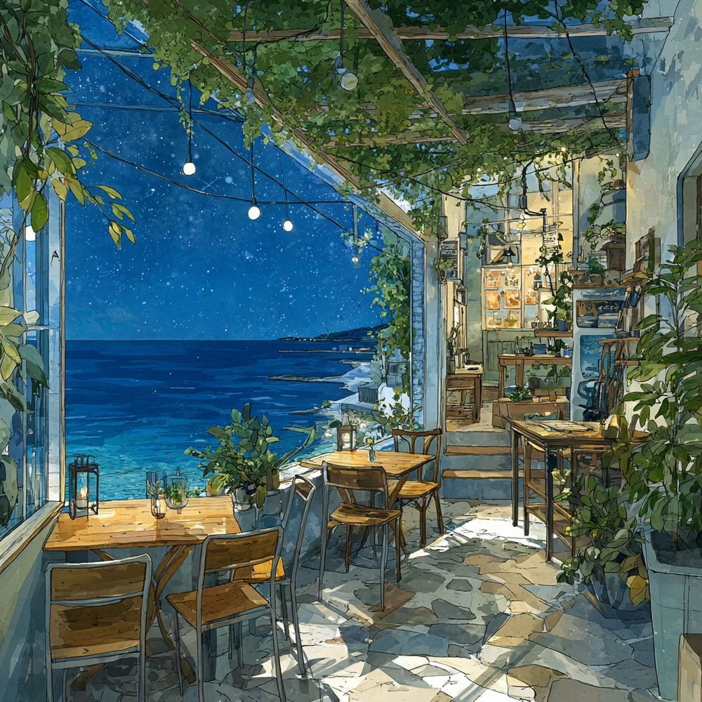 夜の海辺のカフェ