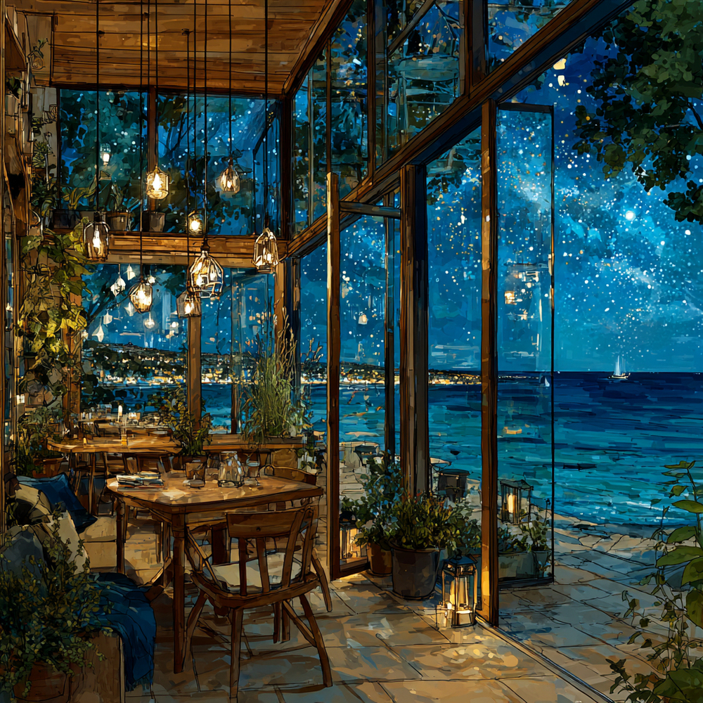 夜の海辺のカフェ