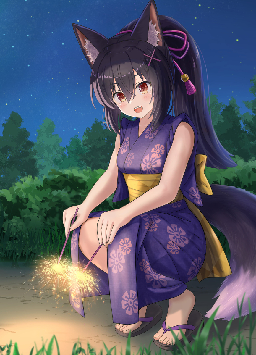 花火を愉しんでいる浴衣姿の狼娘