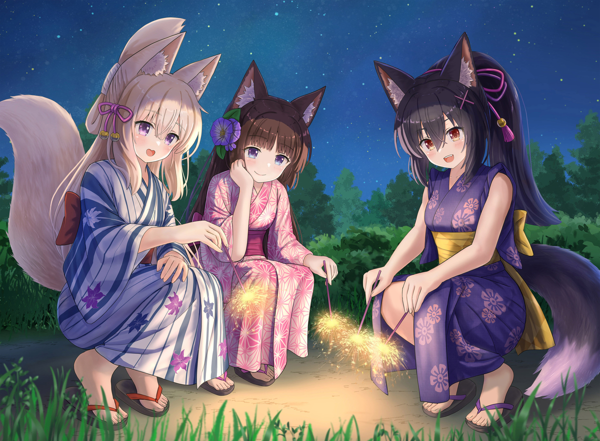 花火を愉しんでいる三人娘