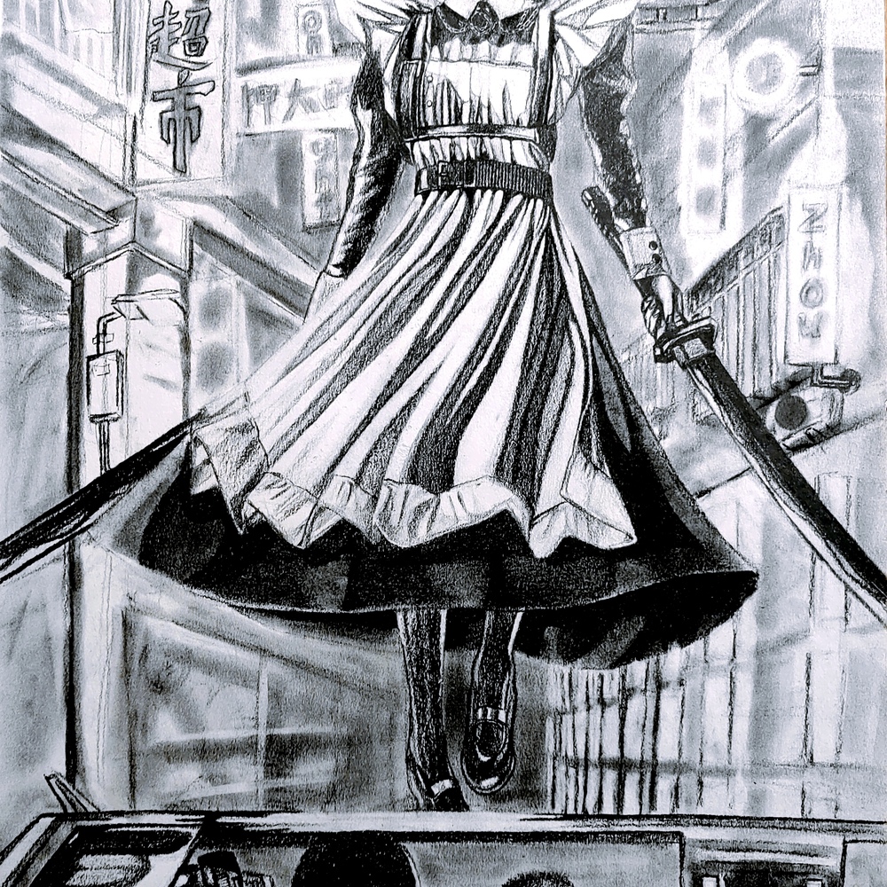 画了一个表情很屑的女仆，想弄个赛博风格的背景，但手不同意。所以就这样了收工
