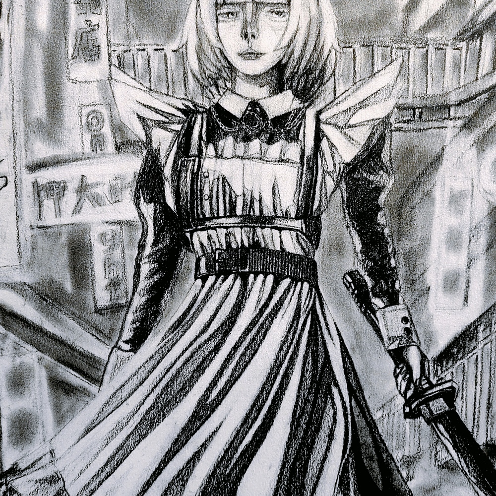 画了一个表情很屑的女仆，想弄个赛博风格的背景，但手不同意。所以就这样了收工